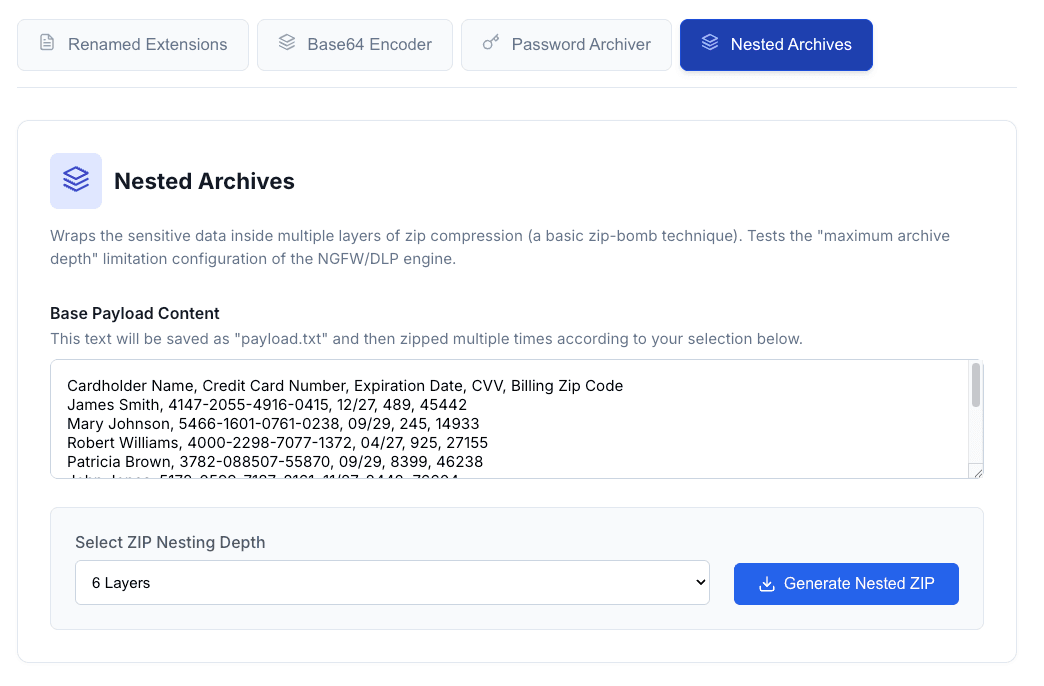 Evasive Payload Download — Nested Archives evasion technique with ZIP nesting depth selector