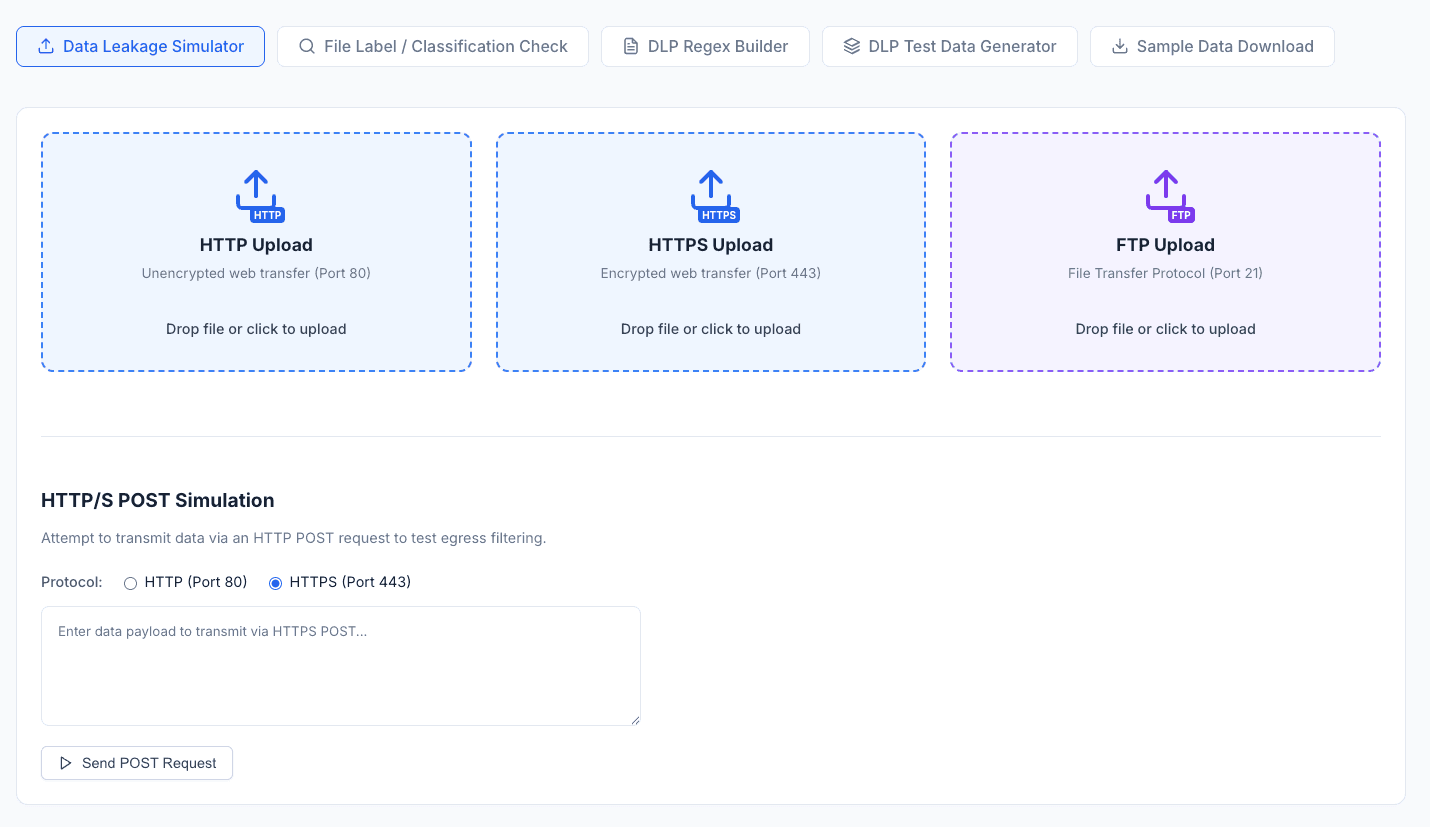 ITSecTools DLP Validator — Data Leakage Simulator with HTTP, HTTPS, FTP upload channels and POST simulation
