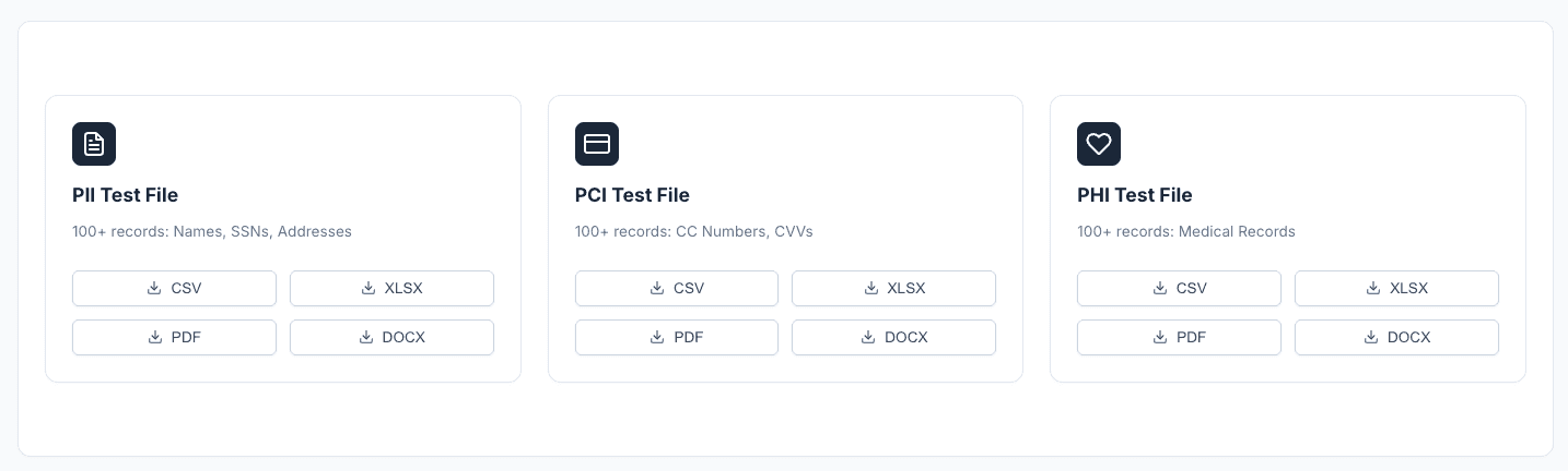 Download Test Files — PII, PCI, PHI test files with CSV, XLSX, PDF, DOCX format buttons
