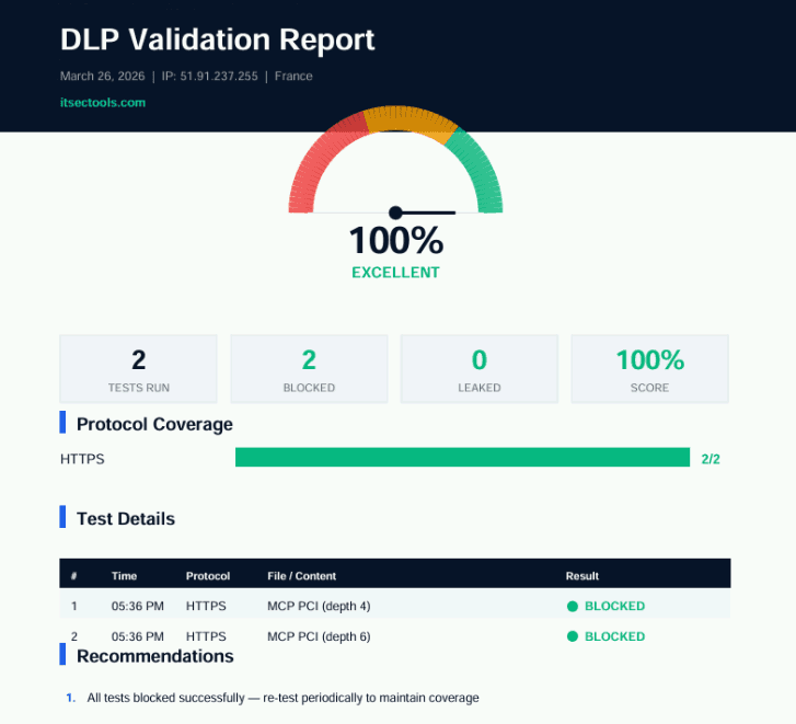 ITSecTools DLP Validation Report — 100% score with MCP protocol tests blocked
